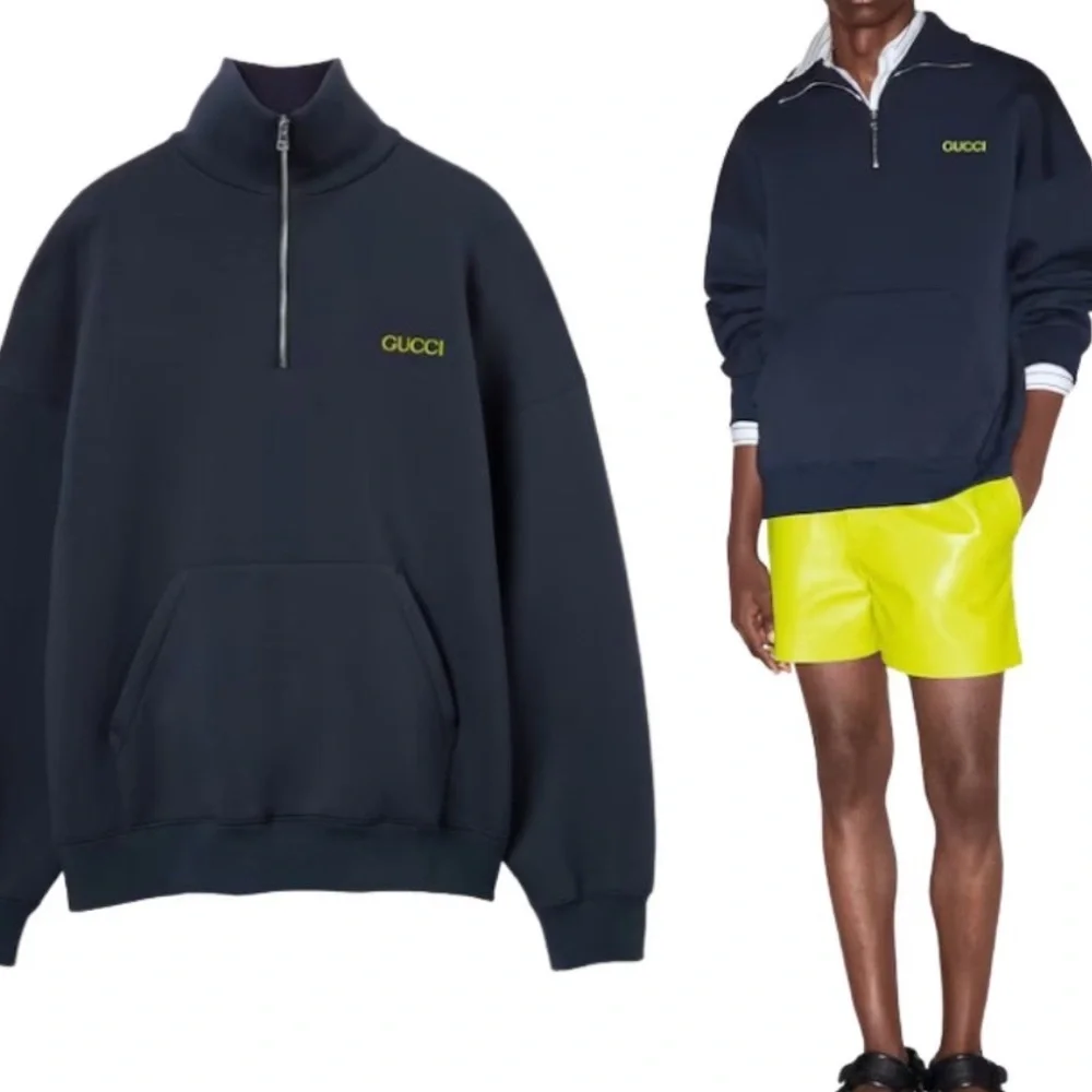 Gucci Logo Patch Knitted Scuba Embroidered Blue Half Zip Sweatshirt sz L